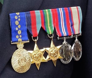 War service medals on right, OAM (1990) on left