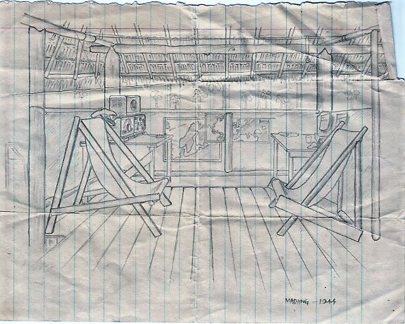 My pencil sketch of inside my radio hut in Madang, 1944.